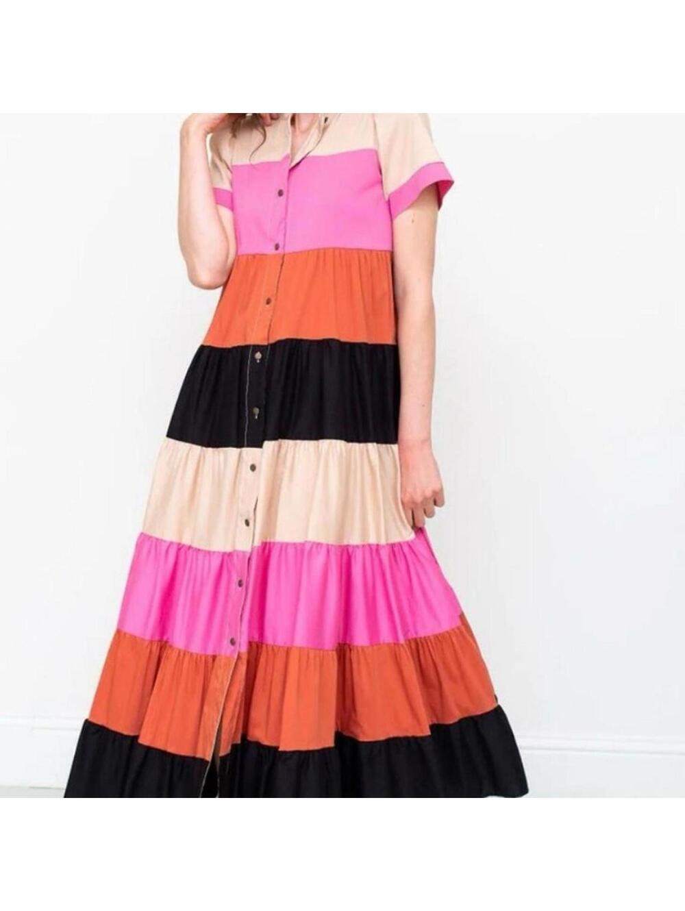 DIXIE DX Collection Short Sleeve Horizontal Stripe Maxi Dress